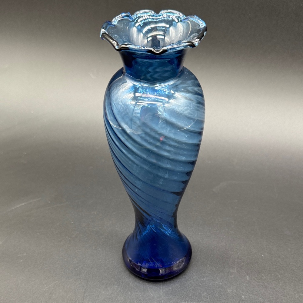 Scalloped Blue Swirl Twisted Art Glass Bud Vase - Picture 5 of 5